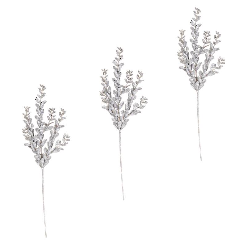 20" Glitter Leaves Spray, Silver, Set of 3 - Silver