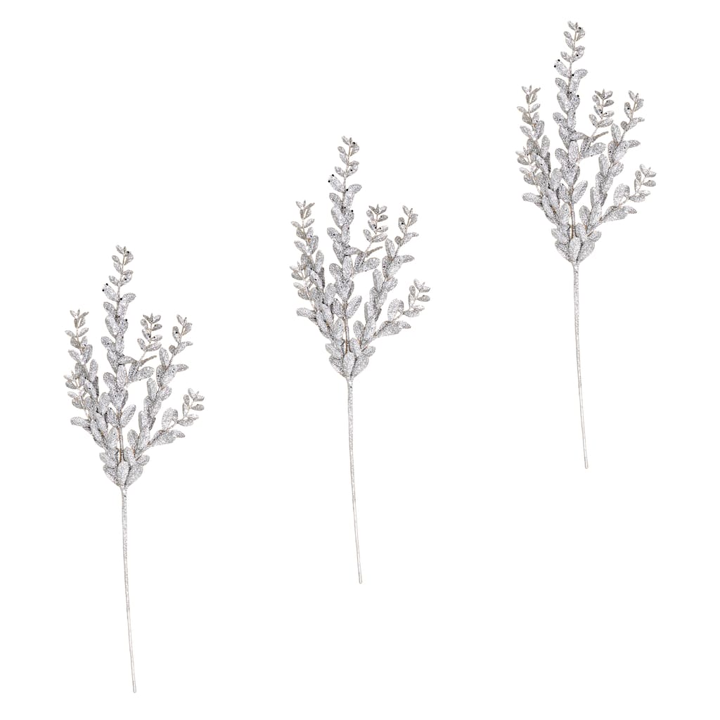 20" Glitter Leaves Spray, Silver, Set of 3 - Silver