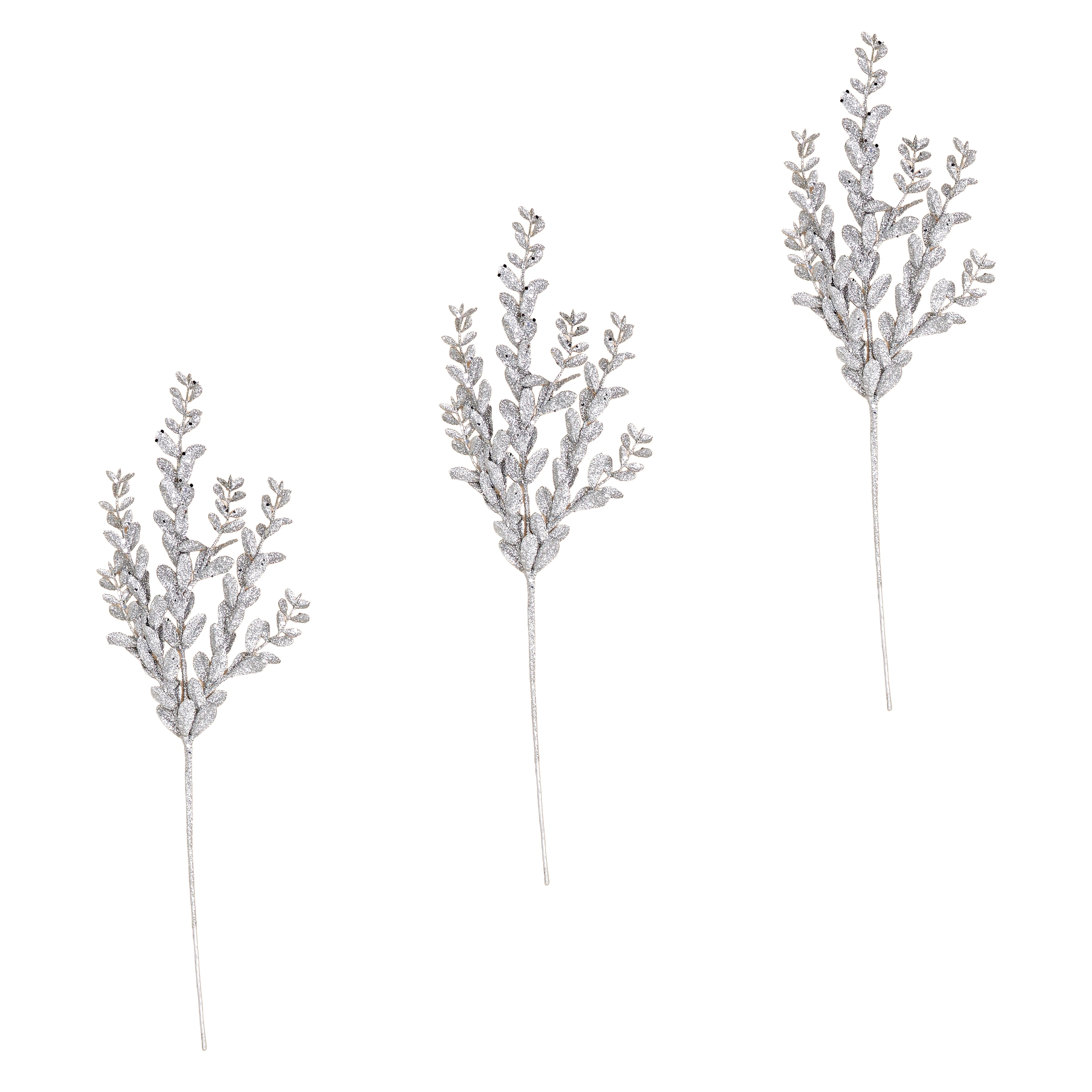 20" Glitter Leaves Spray, Silver, Set of 3 - Silver