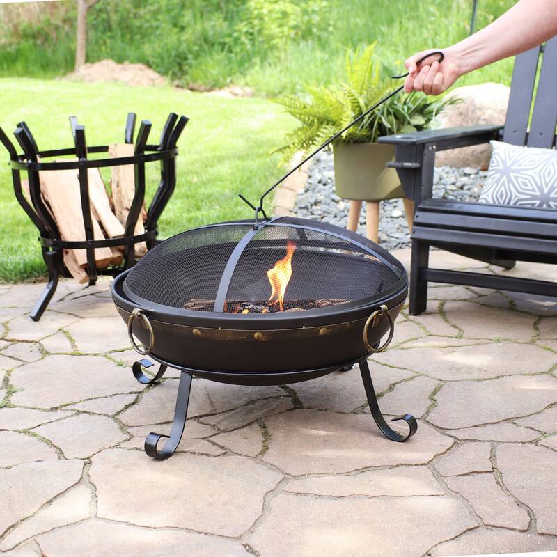 Sunnydaze Victorian Steel Fire Bowl with Handles and Spark Screen