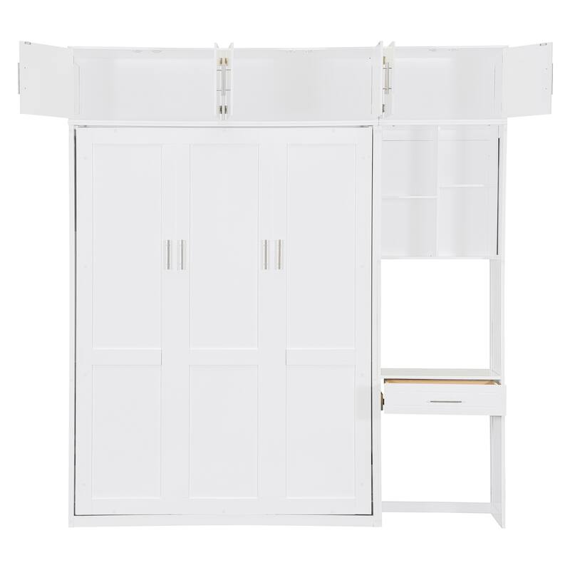 Full Size Space Saving Murphy Bed with Desk, Cabinets, and Shelves, White
