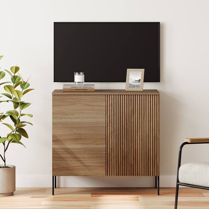 31.5" Modern Reeded TV Stand With Doors, Entertainment Center With Shelf, Wooden TV Console  - 1PC - Walnut
