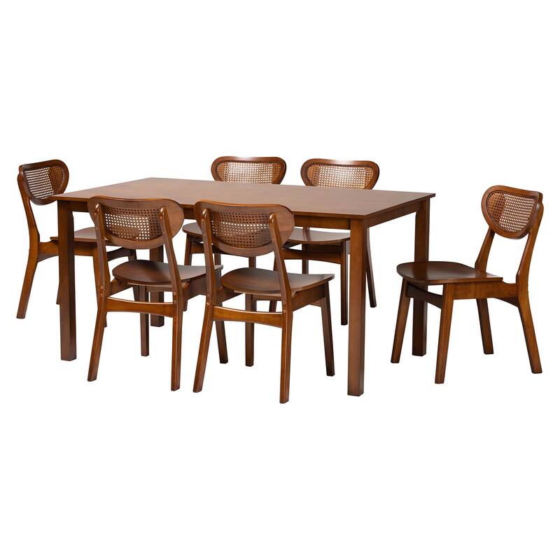 Jeriah Mid-Century Modern Wood and Woven Rattan 7-Piece Dining Set - Walnut