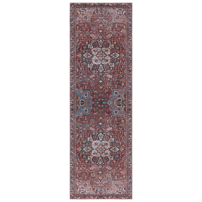 SAFAVIEH Tucson Machine Washable Slip Resistant Kizzie Oriental Rug - 2'6" x 8' Runner - Red/Navy