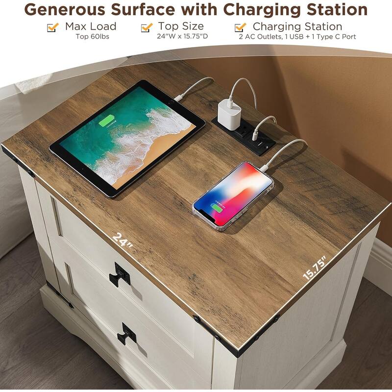 Farmhouse 2 Drawers Nightstand with Charging Station, Large End Table