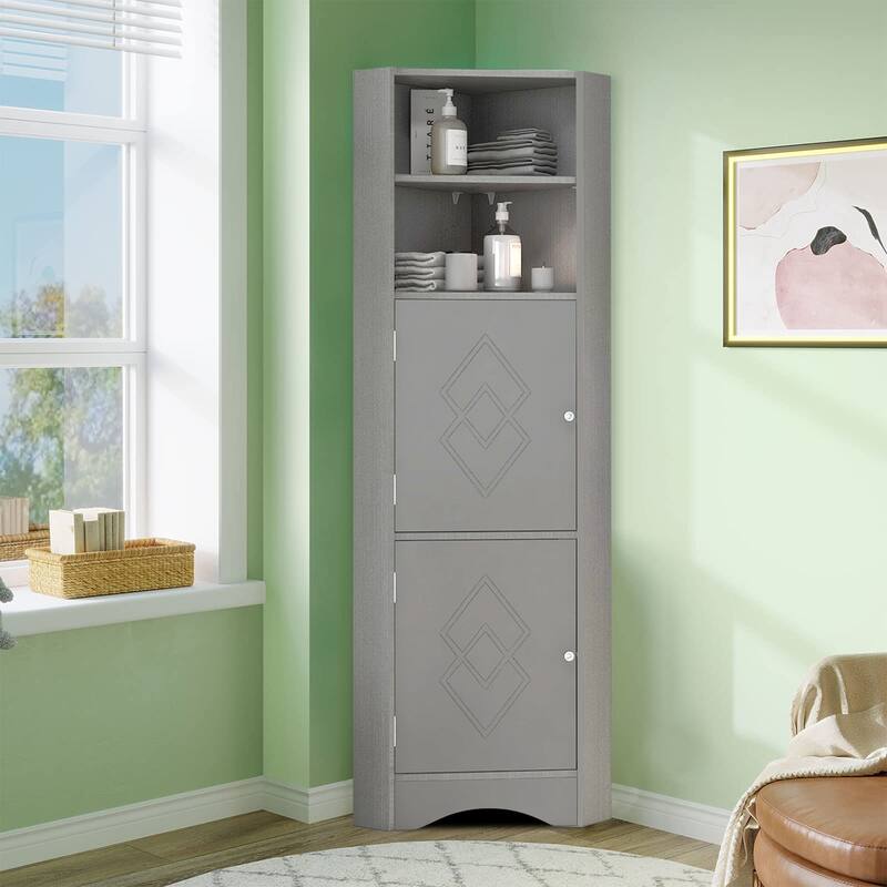 Modern Wooden Corner Tall Bathroom Storage Cabinet with Metal Handles - Grey