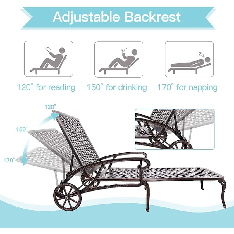 Aluminum Outdoor waterproof Chaise Lounge Chair With Wheels Adjustable Reclining