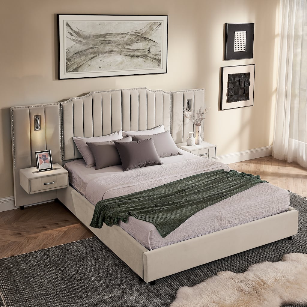 King/Queen Velvet Bed Frame with Vertical Stitch Headboard & Side Table