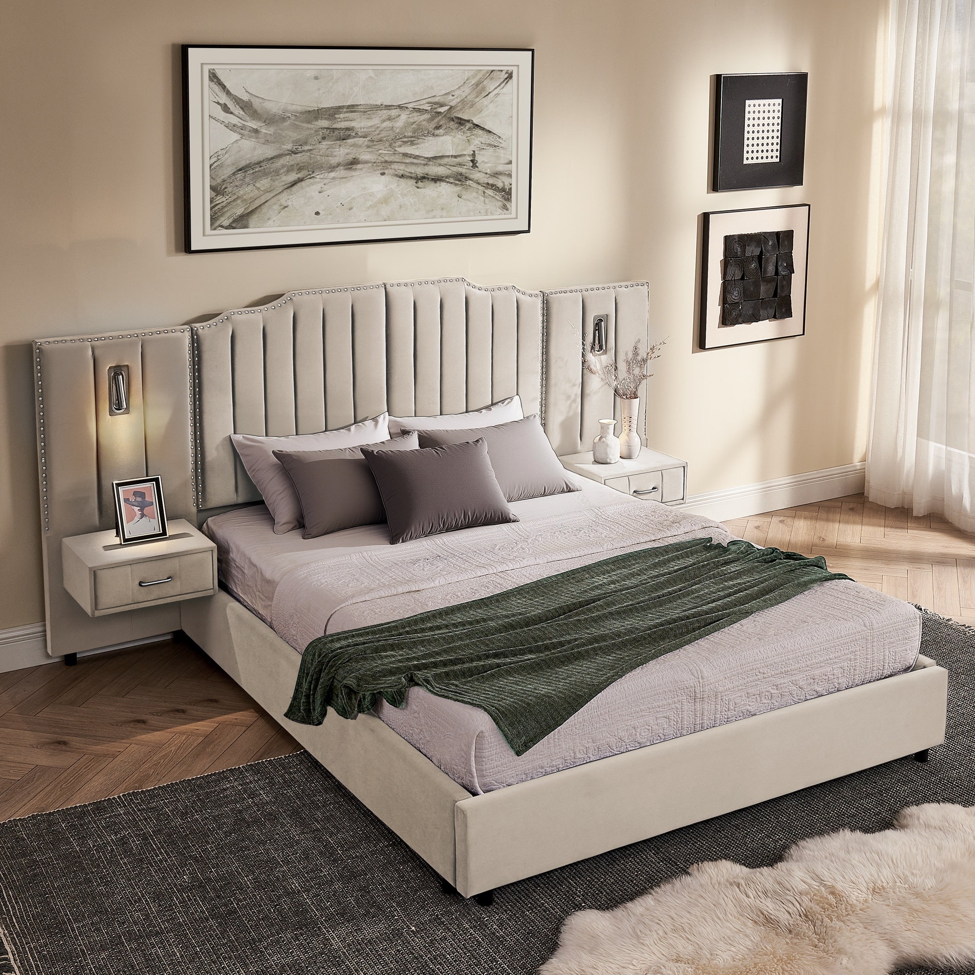 Roomfitters Queen Size Upholstered Bed Frame with Integrated Nightstands and Reading Lights Channel Tufted Headboard