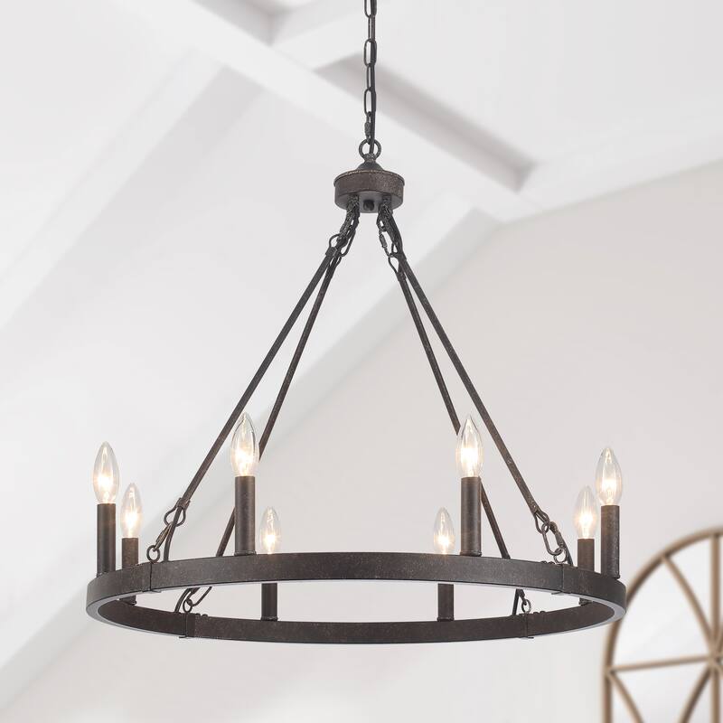 8-Light Candlestick Wagon Wheel Chandelier Linear Chandelier Lighting for Kitchen Island - Antique Black