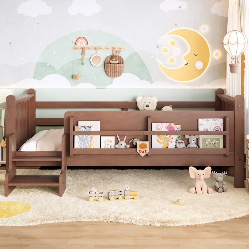 Full/Twin Floor Bed with Storage Bookcases & Cute Stairs - Solid Wood Kids Bed, No Box Spring