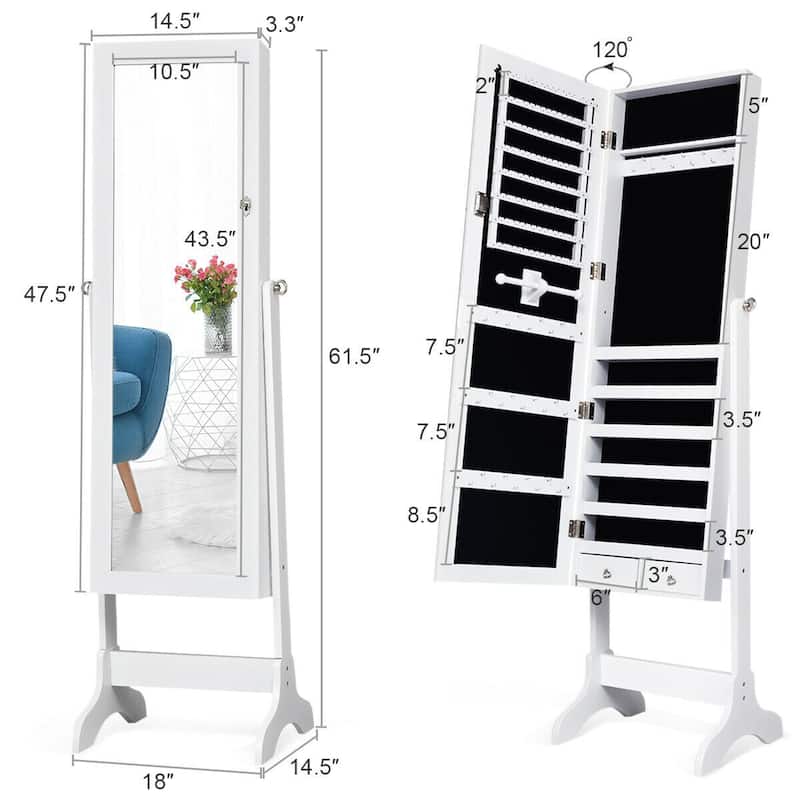Costway Mirrored Jewelry Cabinet Storage Organizer Box Drawers White