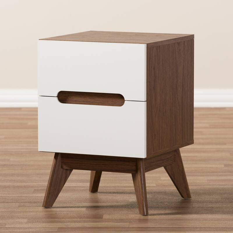 Modern 3 Drawer Nightstand - Cool White & Walnut Wood Bedside Table for Bedroom Storage