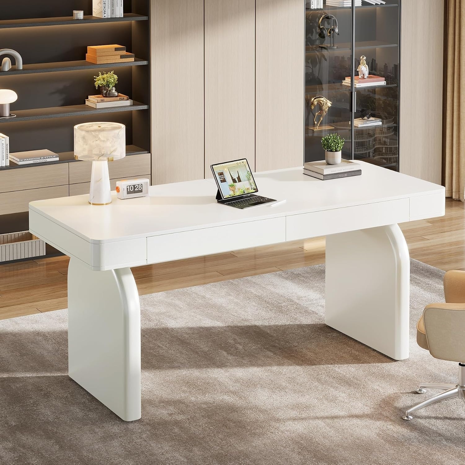 White Home Office Desk with Drawers, 63-Inch Modern Executive Desk, Work Study Writing Table