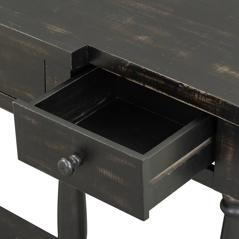 Wooden Console Table Hallway Tables with 4 Retro Storage Drawers and Open Storage Shelf Accent Table for Hallway