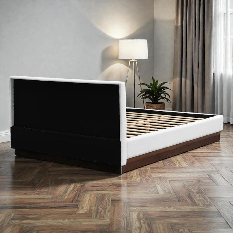 White Fabric Upholstered Bed with Boucle Headboard and Solid Wood Grain Base Frame, No Box Spring Needed
