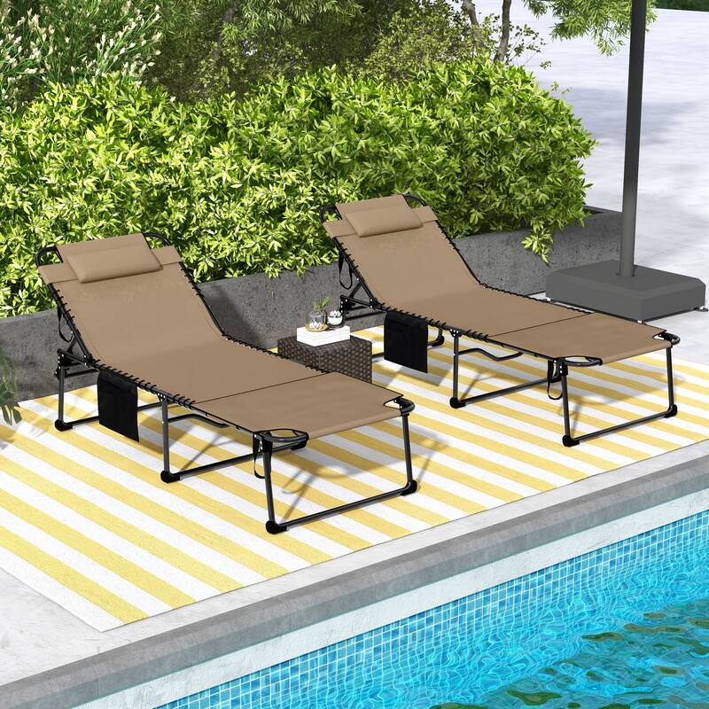 Outdoor 2-Piece Folding Chaise Lounge with 5-level Reclining Back, Reading Face Hole,Side Pocket & Headrest