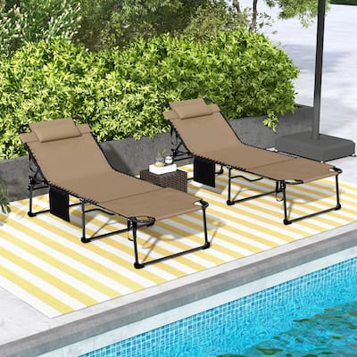 Outdoor 2-Piece Folding Chaise Lounge with 5-level Reclining Back, Reading Face Hole,Side Pocket & Headrest