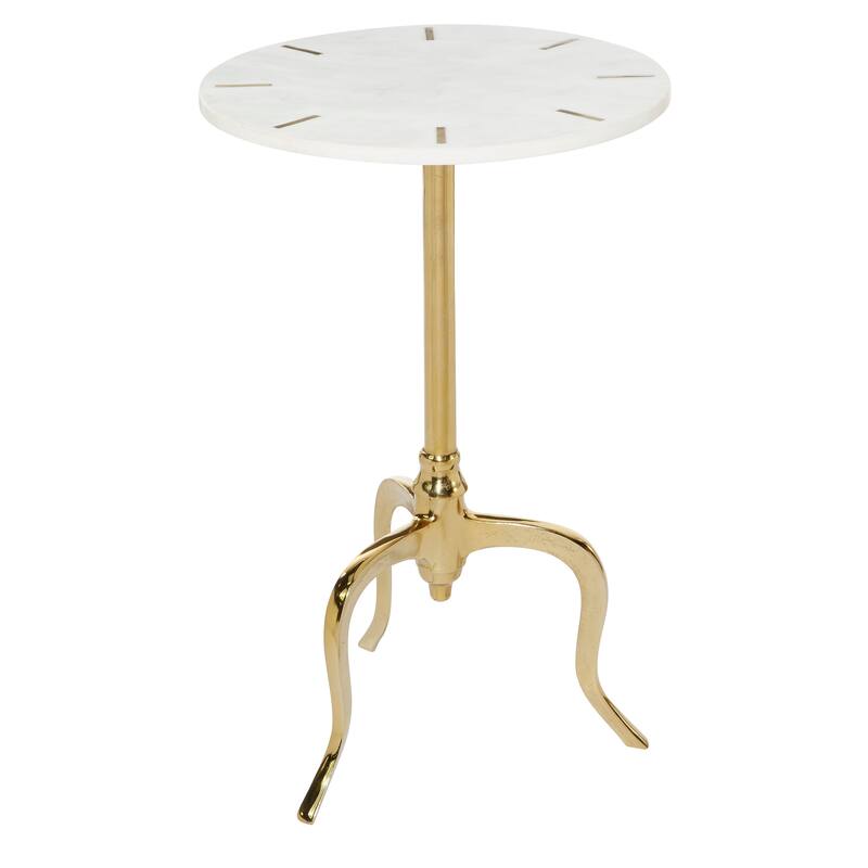White Marble Accent Table with Gold Inlay and Scrolled Base