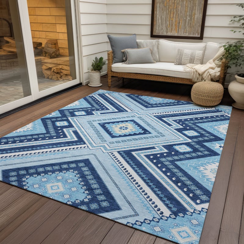 Machine Washable Indoor/ Outdoor Global Boho Chantille Rug - Navy - 10' x 14'