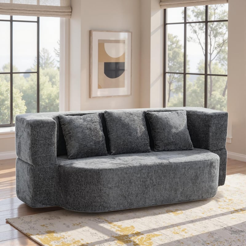 79" boneless loveseat Convertible Folding Sofa Bed, Twin Sleeper Sofa with Pillow, Modern Chenille Couch for Living Room - Grey