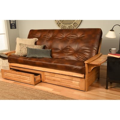 Somette Phoenix Queen-size Storage Futon Set in Butternut Finish with Faux Leather Mattress