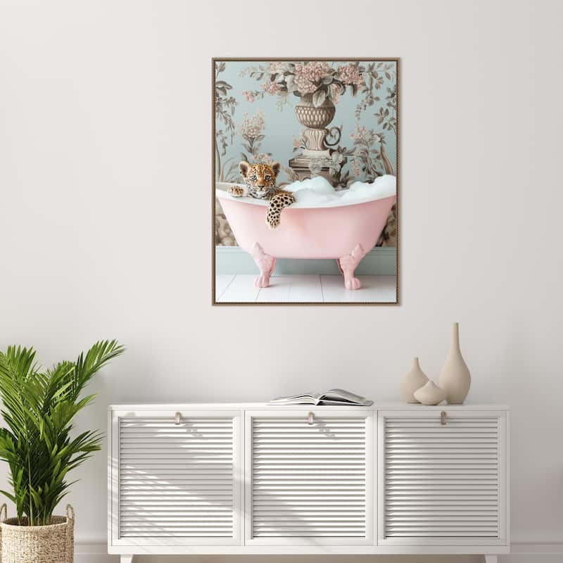 Leopard Pink Bubble Bath by Niky Rahner Framed Canvas Wall Art