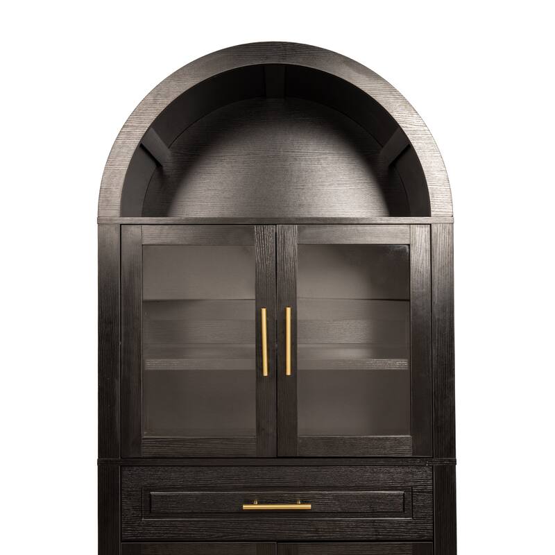 Arched Kitchen Pantry Cabinet, Storage Cabinet with Large Drawers, Display Cabinet with Glass Doors & Adjustable Shelves