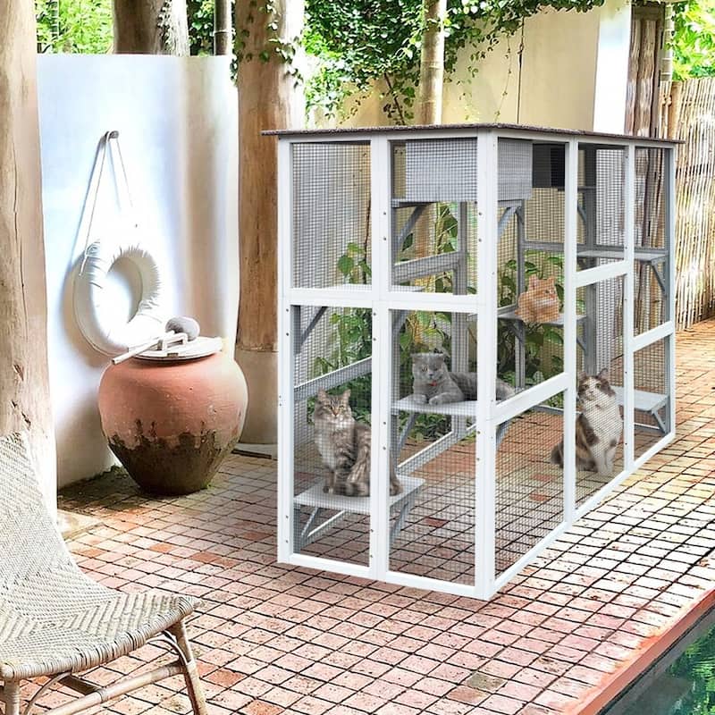 Outdoor Cat Enclosure with Roof, Platforms & Boxes, 30" to 70.9" Wide