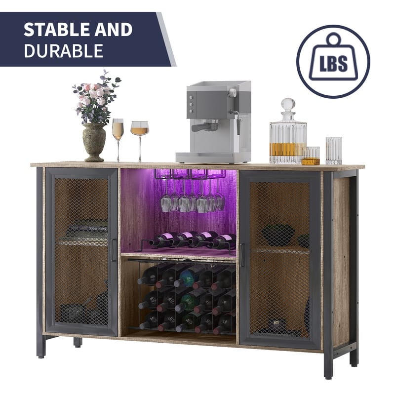 Mixoy LED Wine Bar Cabinet,Home Bar Industrial Sideboard Storage Buffet Cabinet,Farmhouse Coffee Bar Cabinet for Liquor,Glasses
