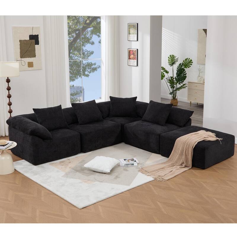 142" Chenille L-Shaped Modular Sofa with Sleeper & Ottoman