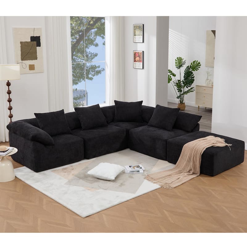142" L Shaped Modular Sectional Sofa, 5 Piece Couch, Convertible Sleeper, Chenille, Black
