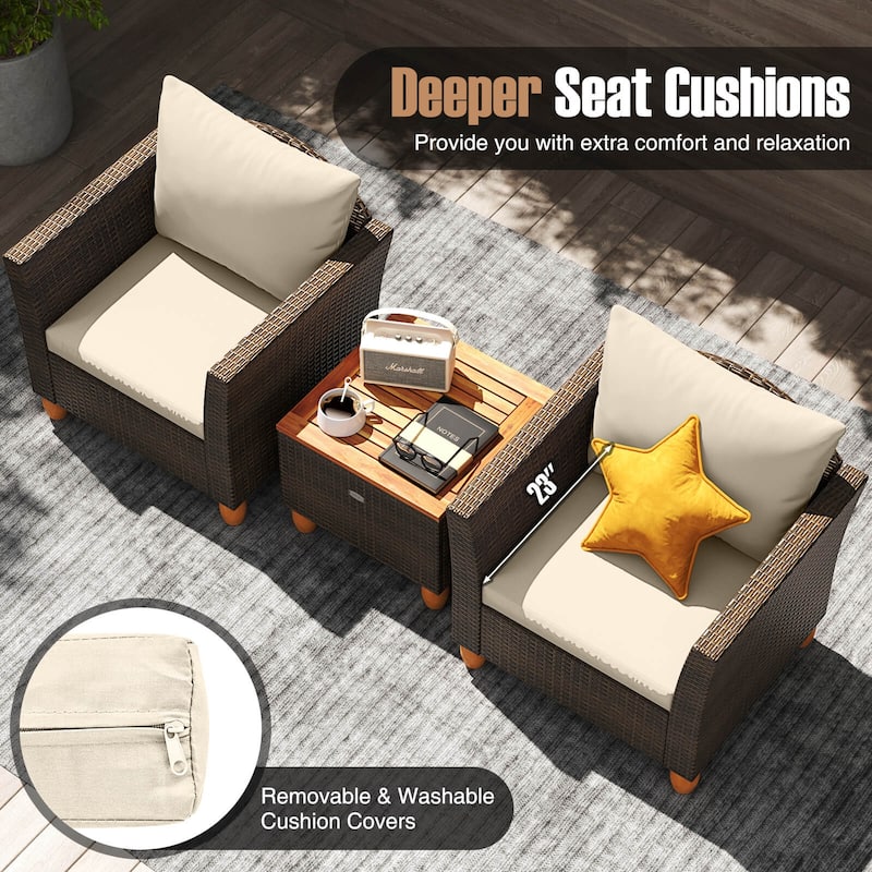 Costway 3 PCS Outdoor Patio Rattan Bistro Furniture Set Wooden Table - See Details