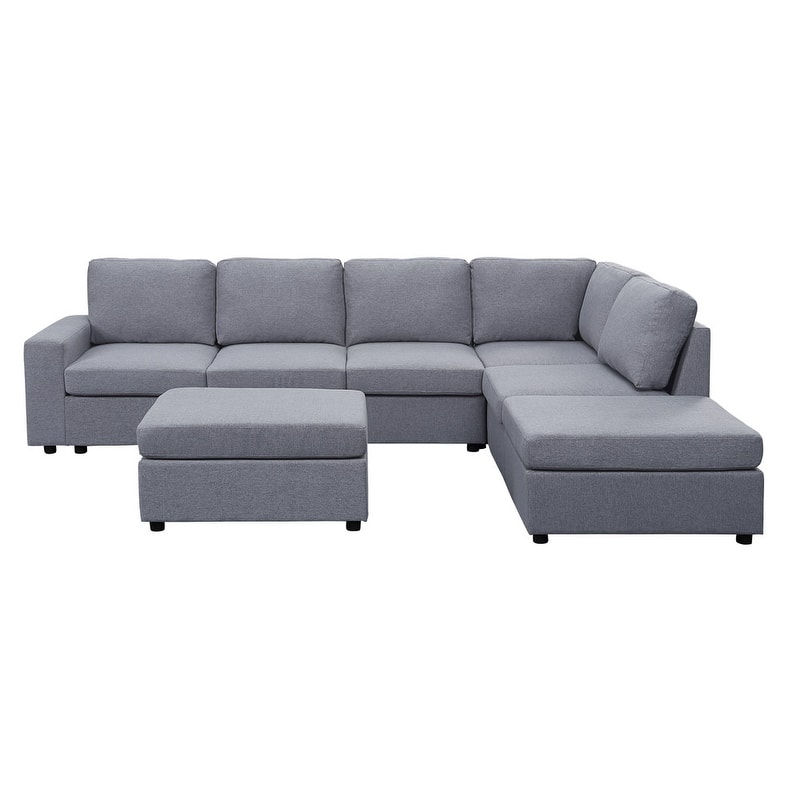 Cassia Light Gray Linen 7 Seat Reversible Modular Sectional Sofa with Ottoman