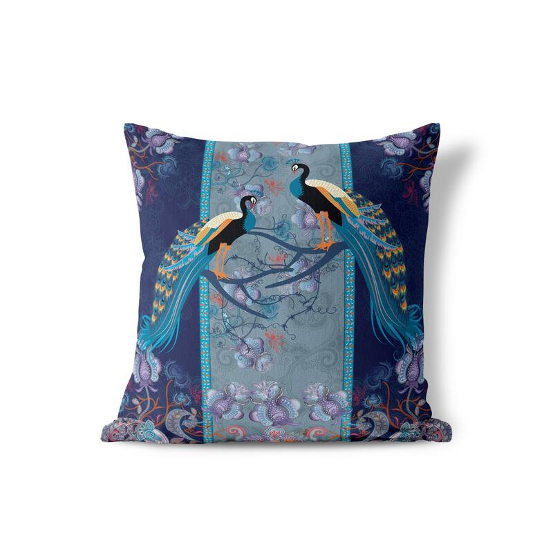 Enchanted Peacock Indoor/Outdoor Throw Pillow Cover in Indigo 16x16 - 16" x 16"