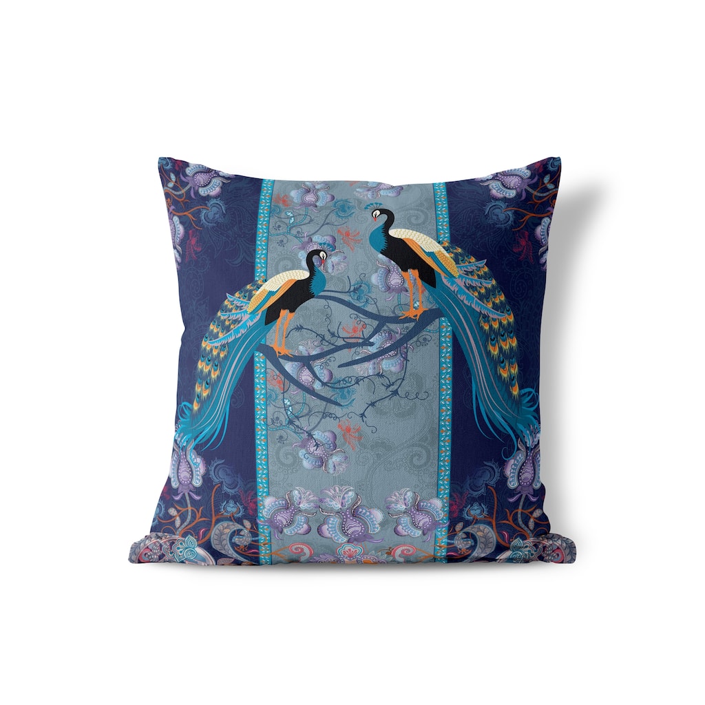 Enchanted Peacock Indoor/Outdoor Throw Pillow Cover in Indigo 16x16