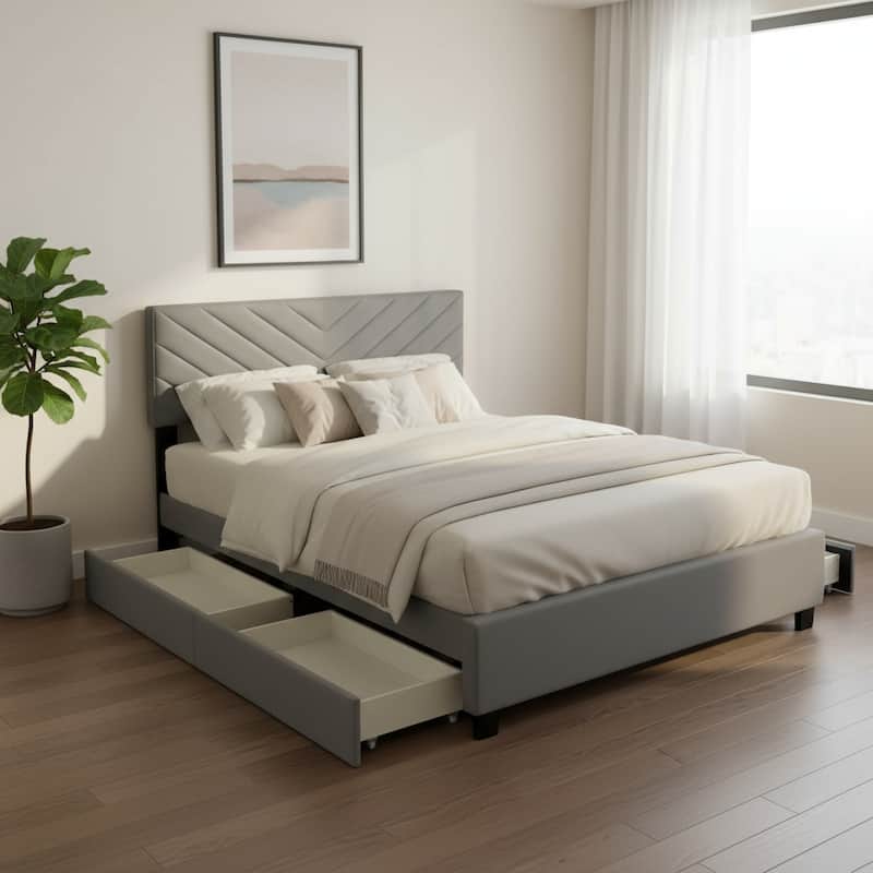 HomeRoots Gray Tufted Upholstered Queen Bed Frame With Trundle And Drawers - Queen