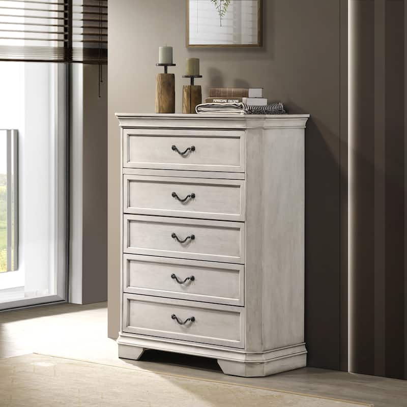 Roundhill Furniture Maderne Traditional Wood 5-Drawer Chest - Antique White