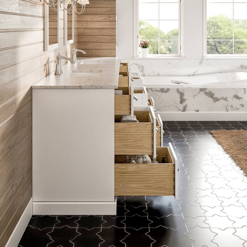 Epic 96 in. DS Bath Vanity with Carrara Quartz Top & Undermount Sinks