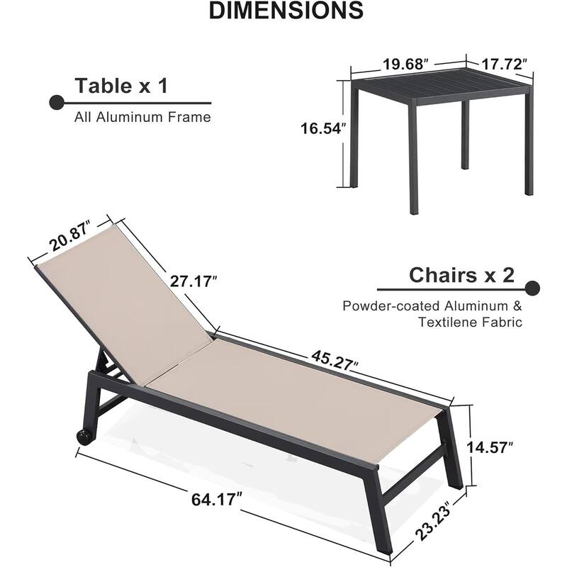 PURPLE LEAF Adjustable Patio Chaise Lounge Set 2 Pieces Lounge Chairs with Wheels and Side Table