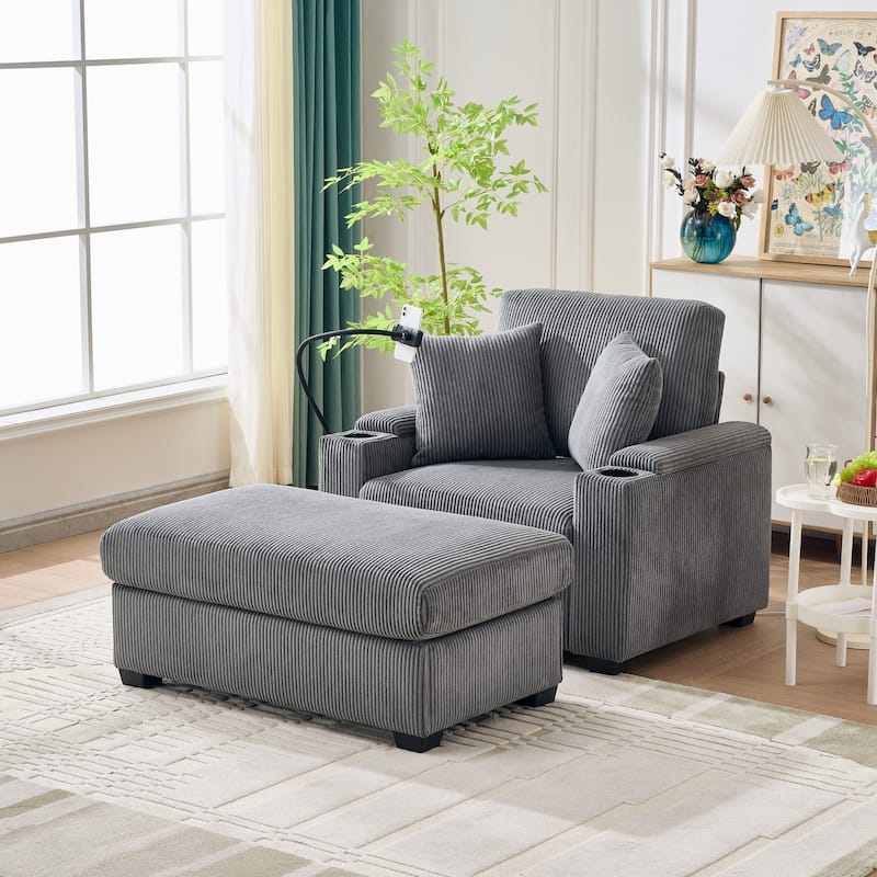 55" Oversized Chaise Lounge Chair Indoor With Ottoman And Storage,With Cup Holder,Mobile Phone Stand&Usb Charging Port - Gray