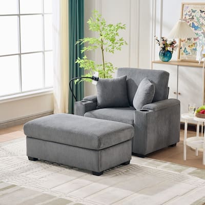 55" Oversized Chaise Lounge Chair Indoor With Ottoman And Storage,With Cup Holder,Mobile Phone Stand&Usb Charging Port