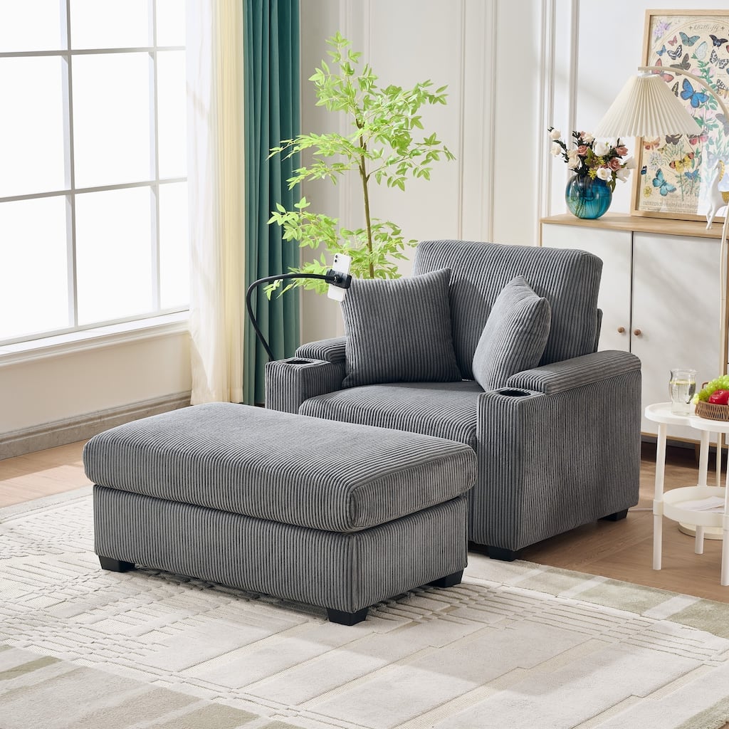 55" Oversized Chaise Lounge Chair Indoor With Ottoman And Storage,With Cup Holder,Mobile Phone Stand&Usb Charging Port