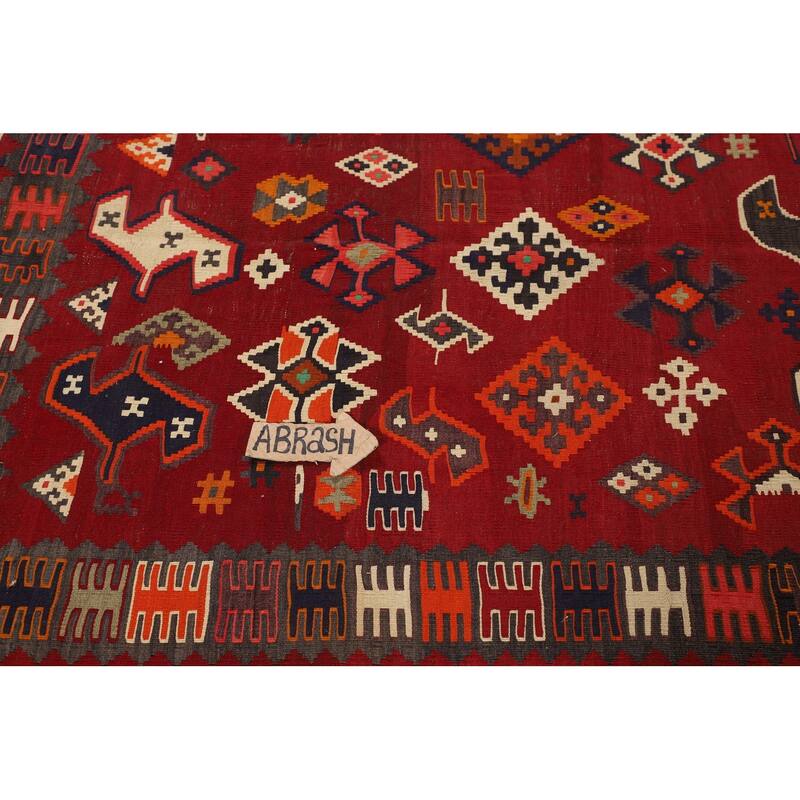 Kilim Qashqai Persian Vintage Area Rug Hand-Woven Red Wool Carpet - 4'8"x 6'7"