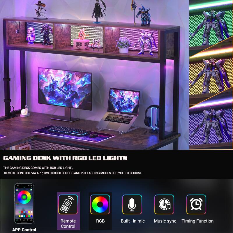 Reversible L-shaped Computer Desk with Storage Shelves and LED Strip and Power Outlets,Corner Desk Gaming Table