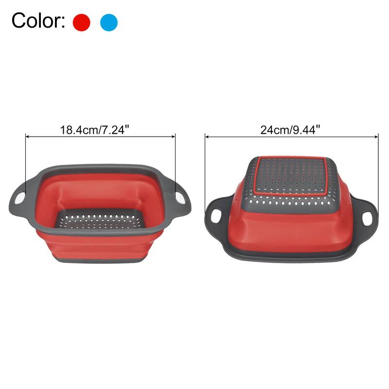 Collapsible Colander Set, 2 Size Silicone Square Strainer - blue red - 24cm x 18.4cm x 7.5cm