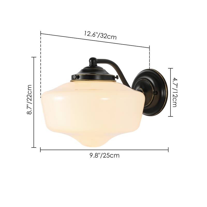 9.8 in. 1-Light Matte Black/Gold Dimmable Wall Sconce With White SchoolHouse Glass