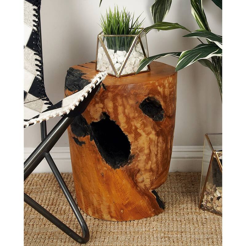 Brown Teak Wood Handmade Live Edge Stump Accent Table with Charred Detailing