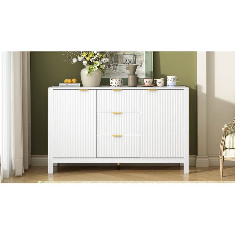 Sideboard with Wave Design - 3 Adjustable Shelves, 3 Drawers & Soft-Close Doors, Storage Console Table with Metal Handles