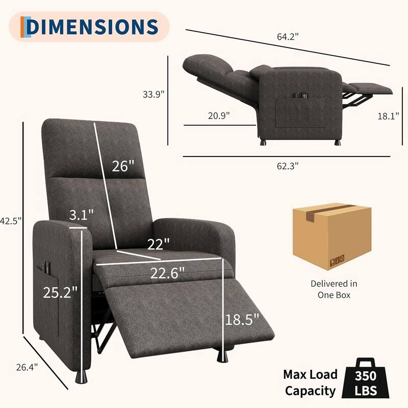 Adjustable Electric Linen Power Recliner Chair, Single Sofa with 2 Side Pockets and USB Port